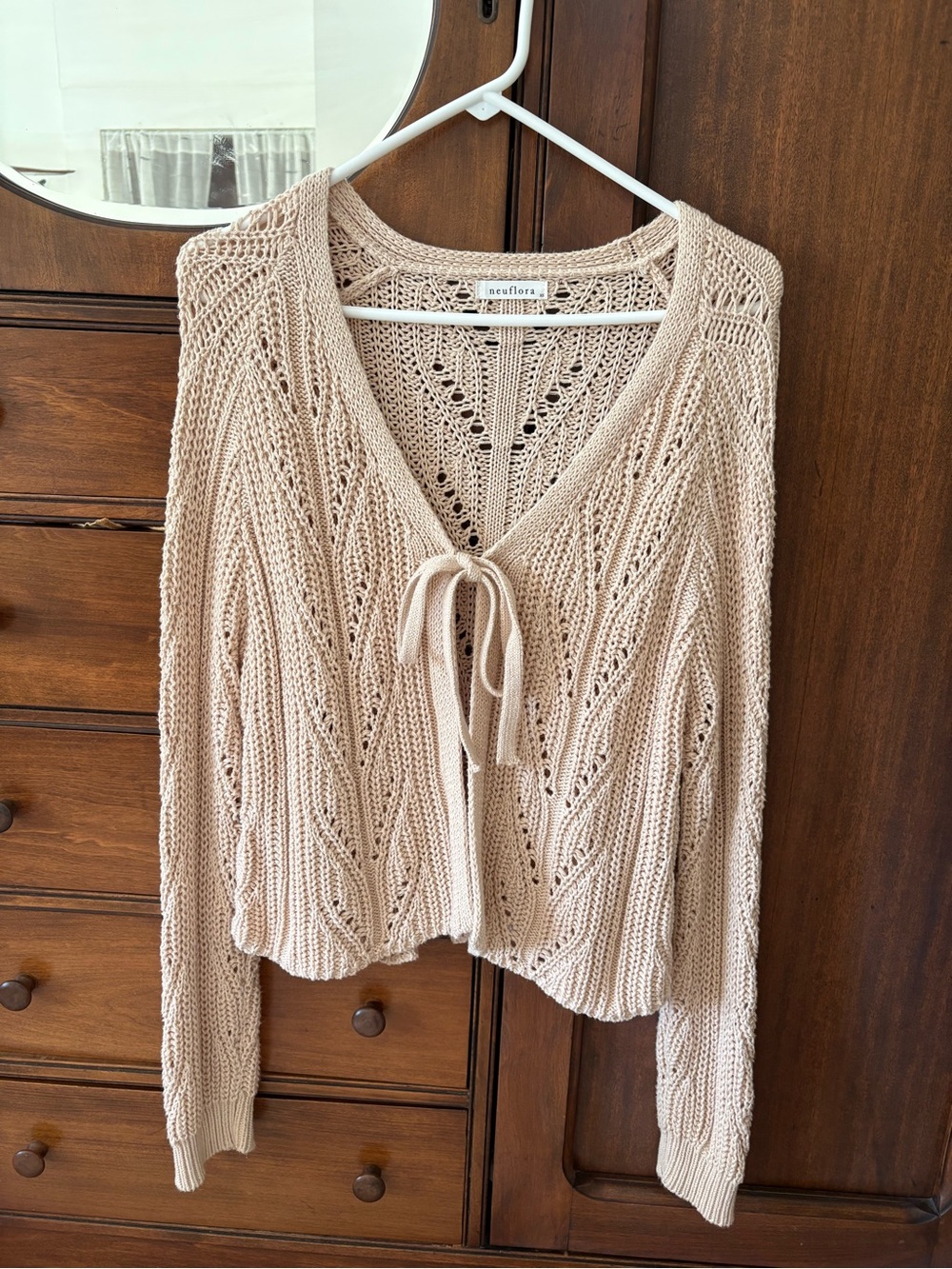 Neuflora Women's Beige Open-Knit Tie-Front Cardigan